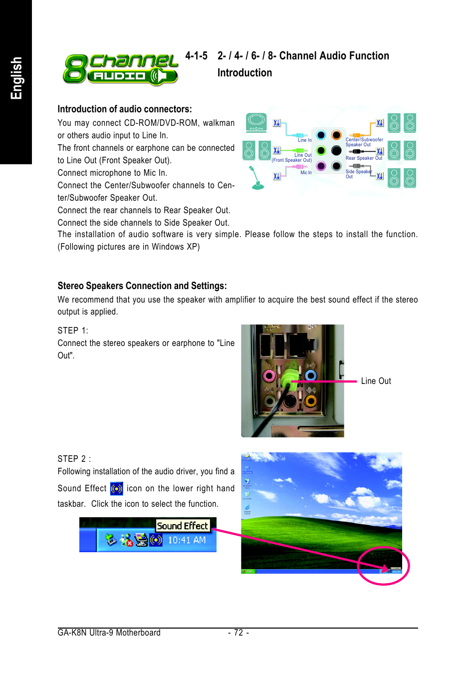 English, Stereo speakers connection and settings, Introduction of audio connectors | AMD GA-K8N ULTRA-9 User Manual | Page 72 / 80