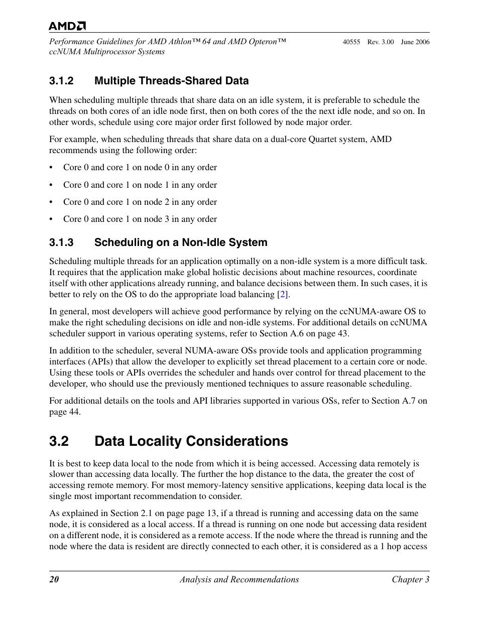 2 multiple threads-shared data, 3 scheduling on a non-idle system, 2 data locality considerations | Multiple threads-shared data, Scheduling on a non-idle system, Data locality considerations | AMD ATHLON 64 User Manual | Page 20 / 48