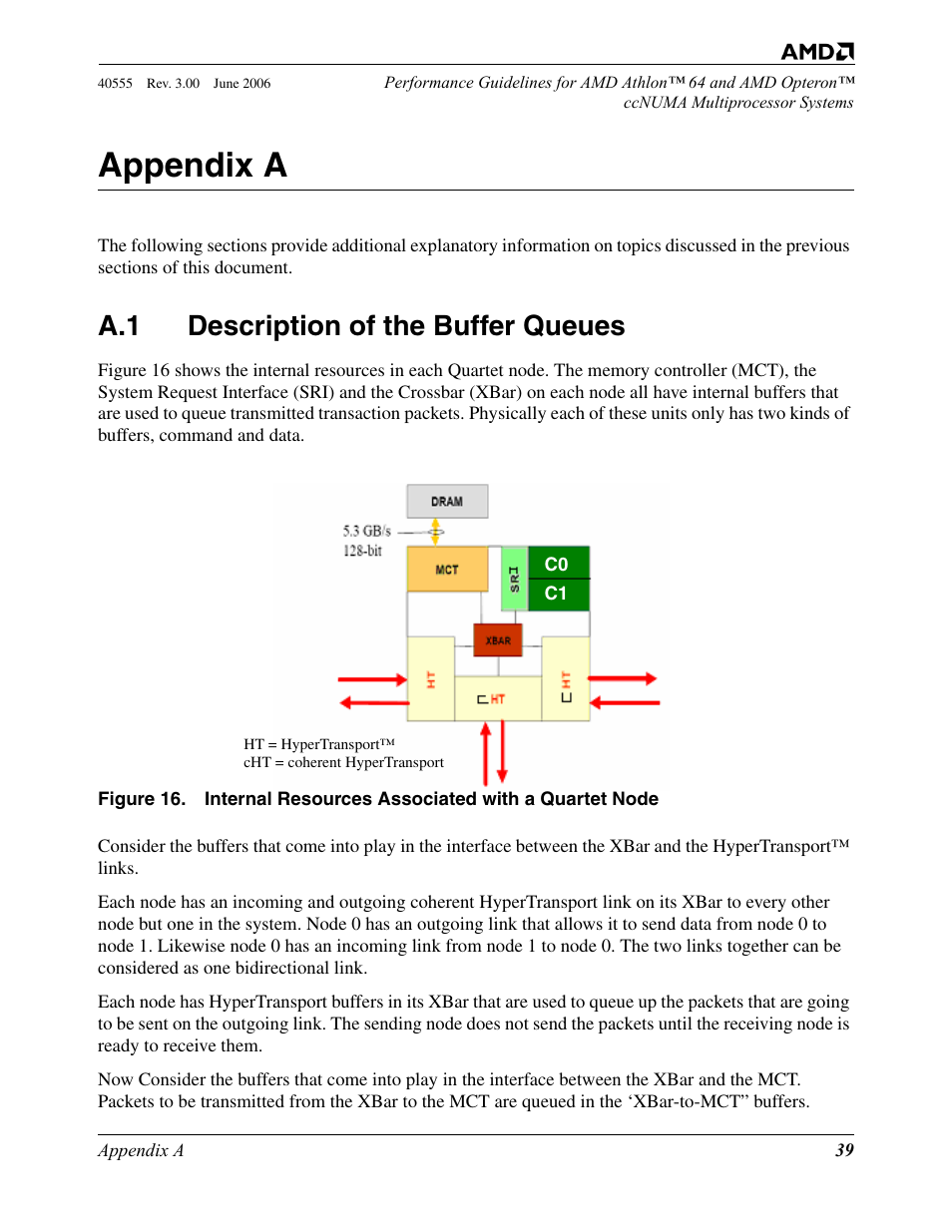 Appendix a, A.1 description of the buffer queues, Description of the buffer queues | Figure 16, Internal resources associated with a quartet node | AMD ATHLON 64 User Manual | Page 39 / 48