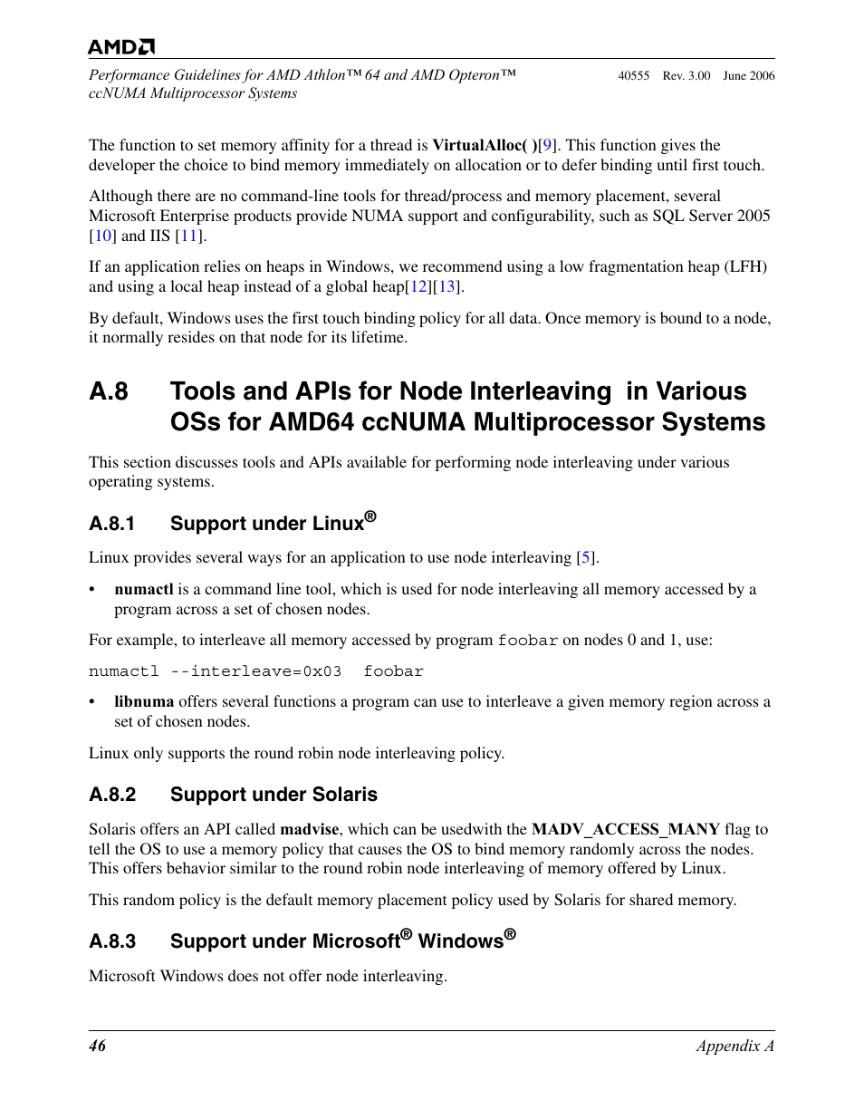 A.8.1 support under linux, A.8.2 support under solaris, A.8.3 support under microsoft® windows | A.8.1, Support under linux, A.8.2, Support under solaris, A.8.3, Support under microsoft windows | AMD ATHLON 64 User Manual | Page 46 / 48