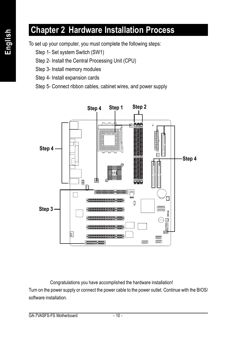 Chapter 2 hardware installation process, English | AMD GA-7VASFS-FS User Manual | Page 10 / 52