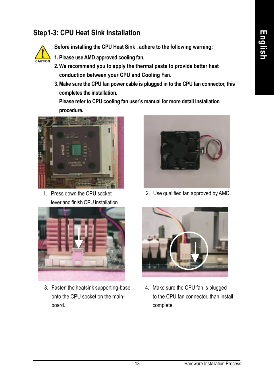 Step1-3: cpu heat sink installation, English | AMD GA-7VASFS-FS User Manual | Page 13 / 52