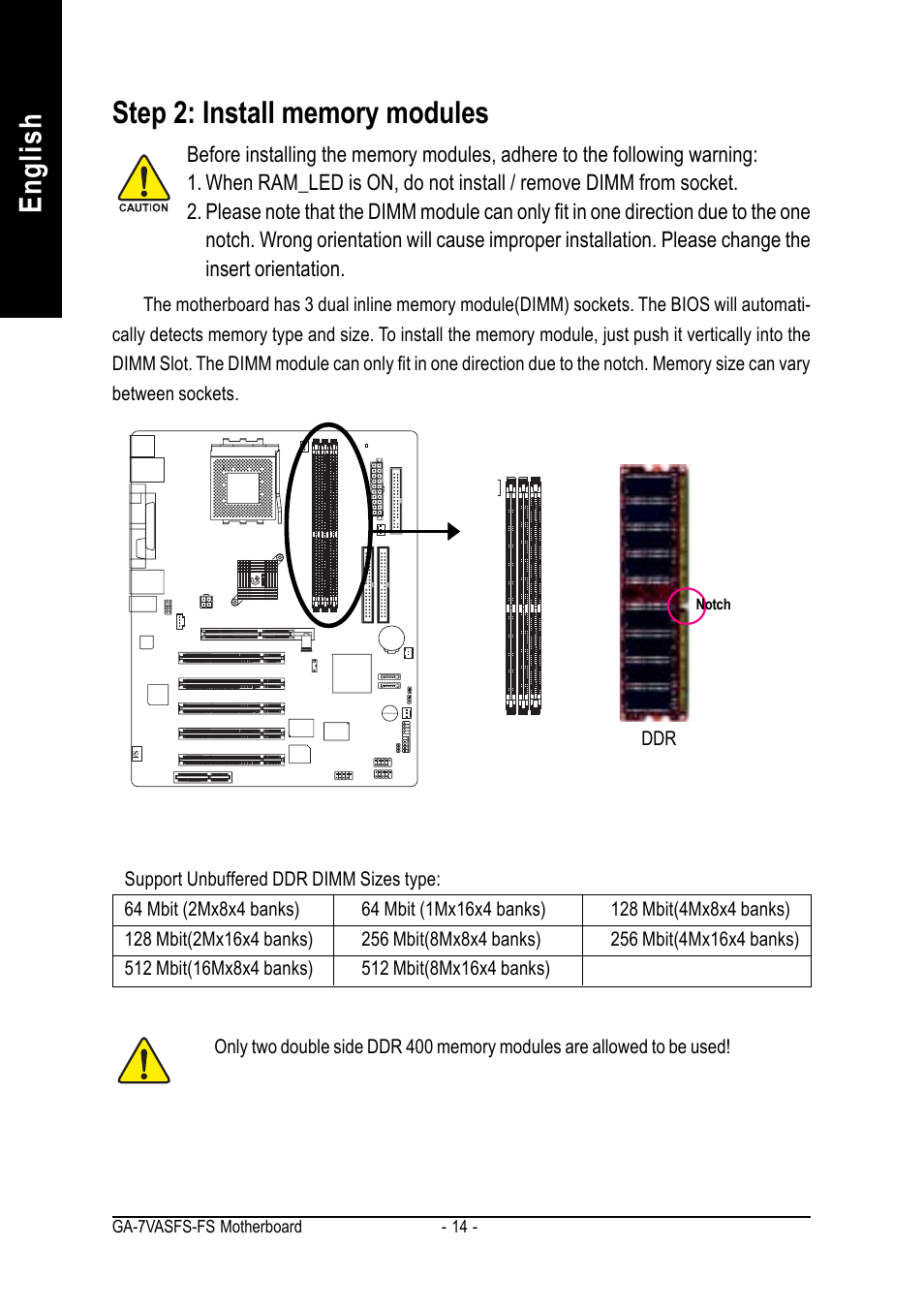 Step 2: install memory modules | AMD GA-7VASFS-FS User Manual | Page 14 / 52