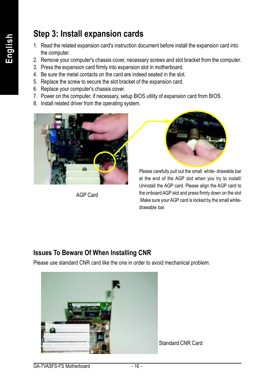 Step 3: install expansion cards, English step 3: install expansion cards | AMD GA-7VASFS-FS User Manual | Page 16 / 52