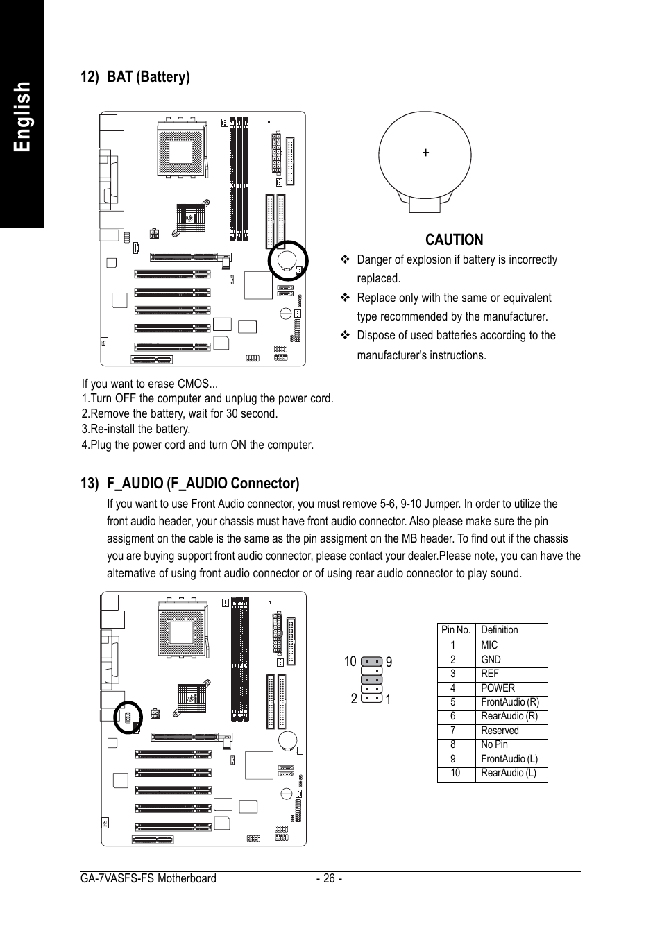 12) bat (battery), 13) f_audio (f_audio connector), English | 12) bat (battery) caution | AMD GA-7VASFS-FS User Manual | Page 26 / 52