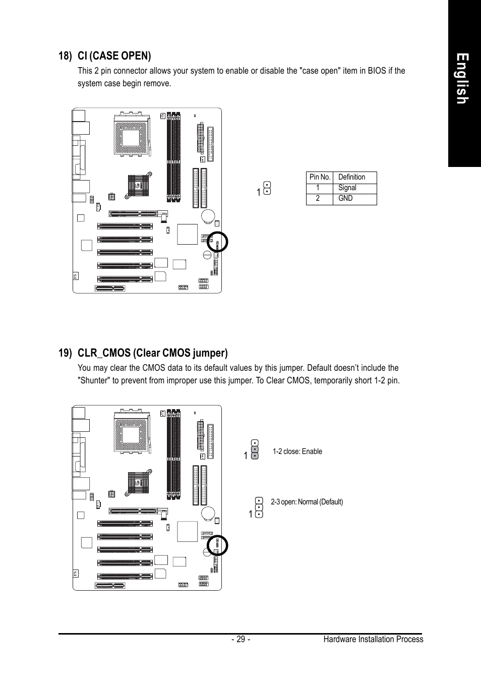 18) ci (case open), 19) clr_cmos (clear cmos jumper), English | AMD GA-7VASFS-FS User Manual | Page 29 / 52