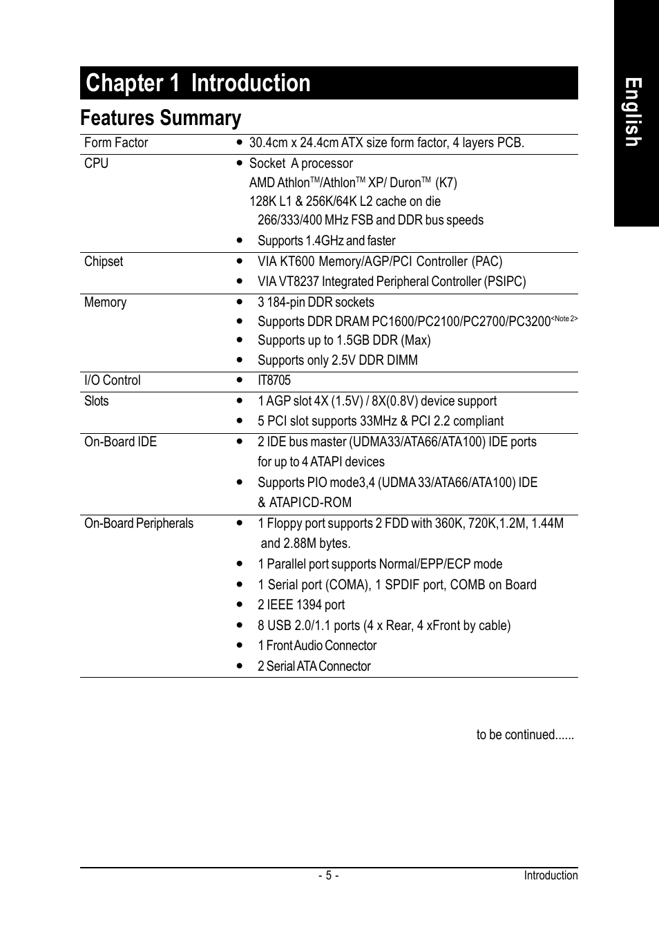 Chapter 1 introduction, Features summary, English | AMD GA-7VASFS-FS User Manual | Page 5 / 52