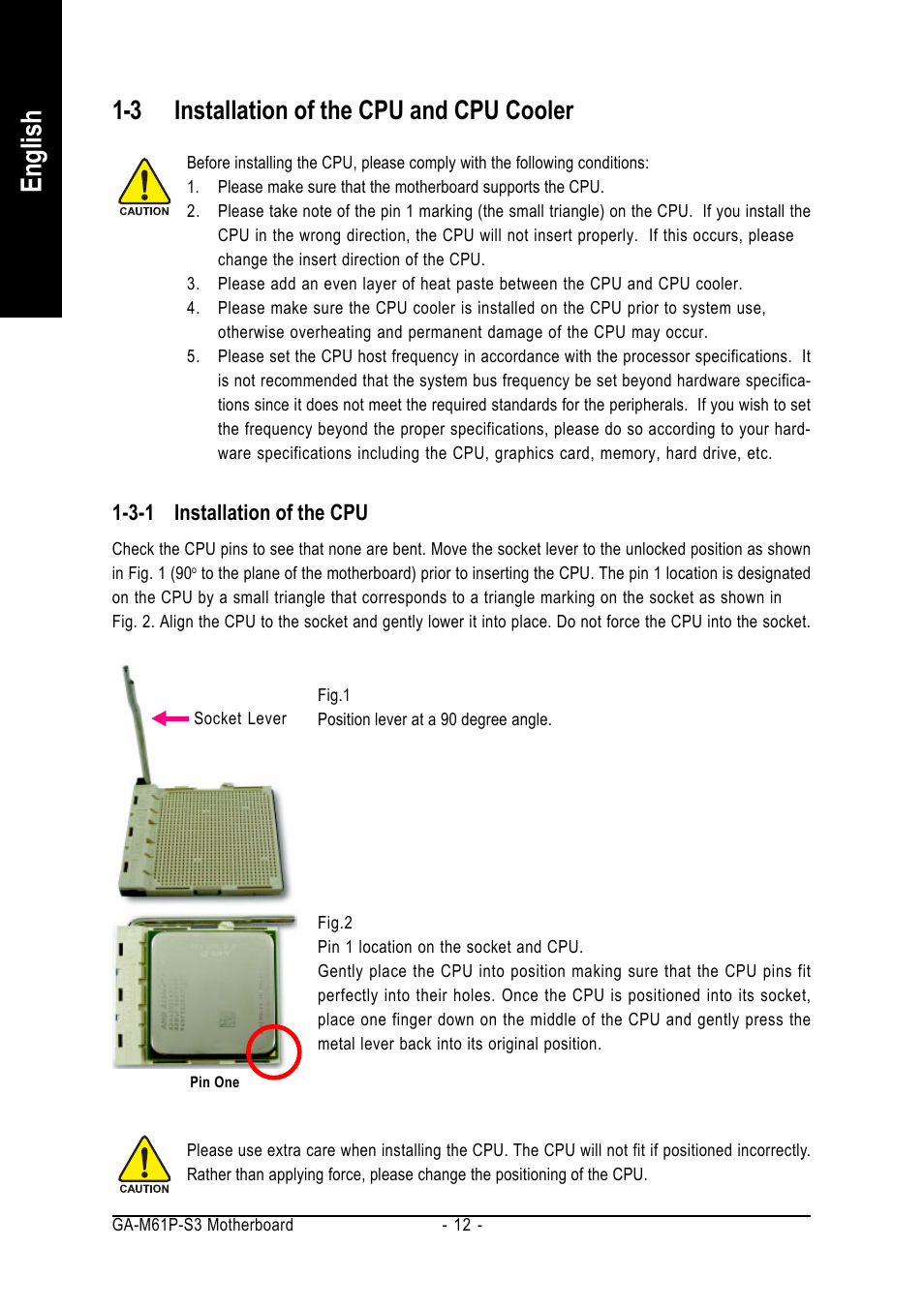 English, 3 installation of the cpu and cpu cooler | AMD GA-M61P-S3 User Manual | Page 12 / 80