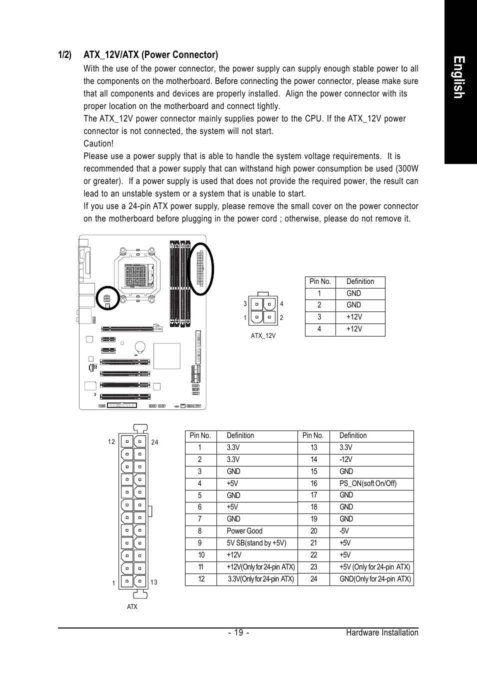 English, 1/2) atx_12v/atx (power connector) | AMD GA-M61P-S3 User Manual | Page 19 / 80