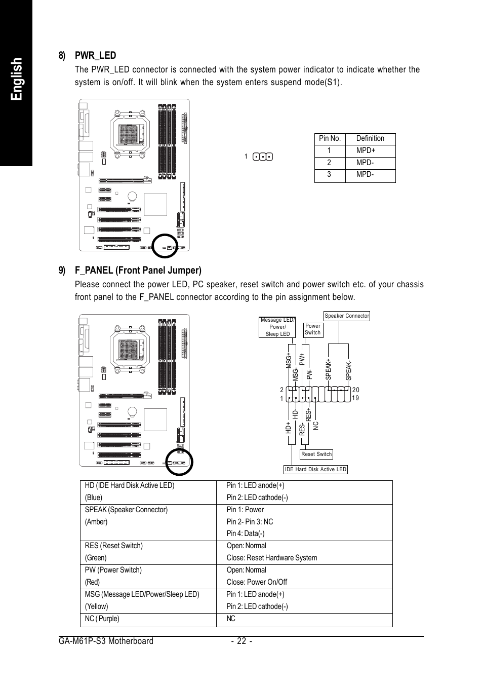 English, 9) f_panel (front panel jumper), 8) pwr_led | AMD GA-M61P-S3 User Manual | Page 22 / 80