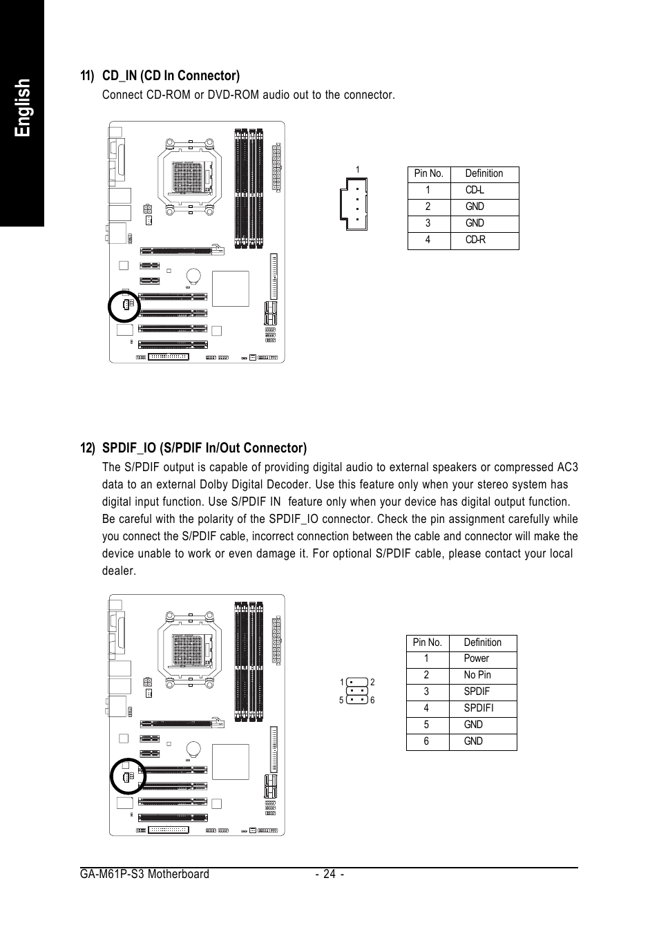 English, 11) cd_in (cd in connector), 12) spdif_io (s/pdif in/out connector) | AMD GA-M61P-S3 User Manual | Page 24 / 80