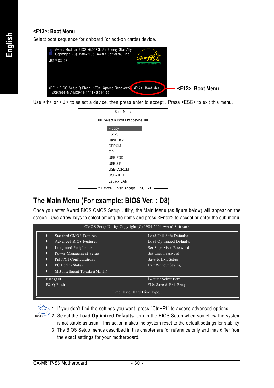 English, The main menu (for example: bios ver. : d8), F12>: boot menu | AMD GA-M61P-S3 User Manual | Page 30 / 80