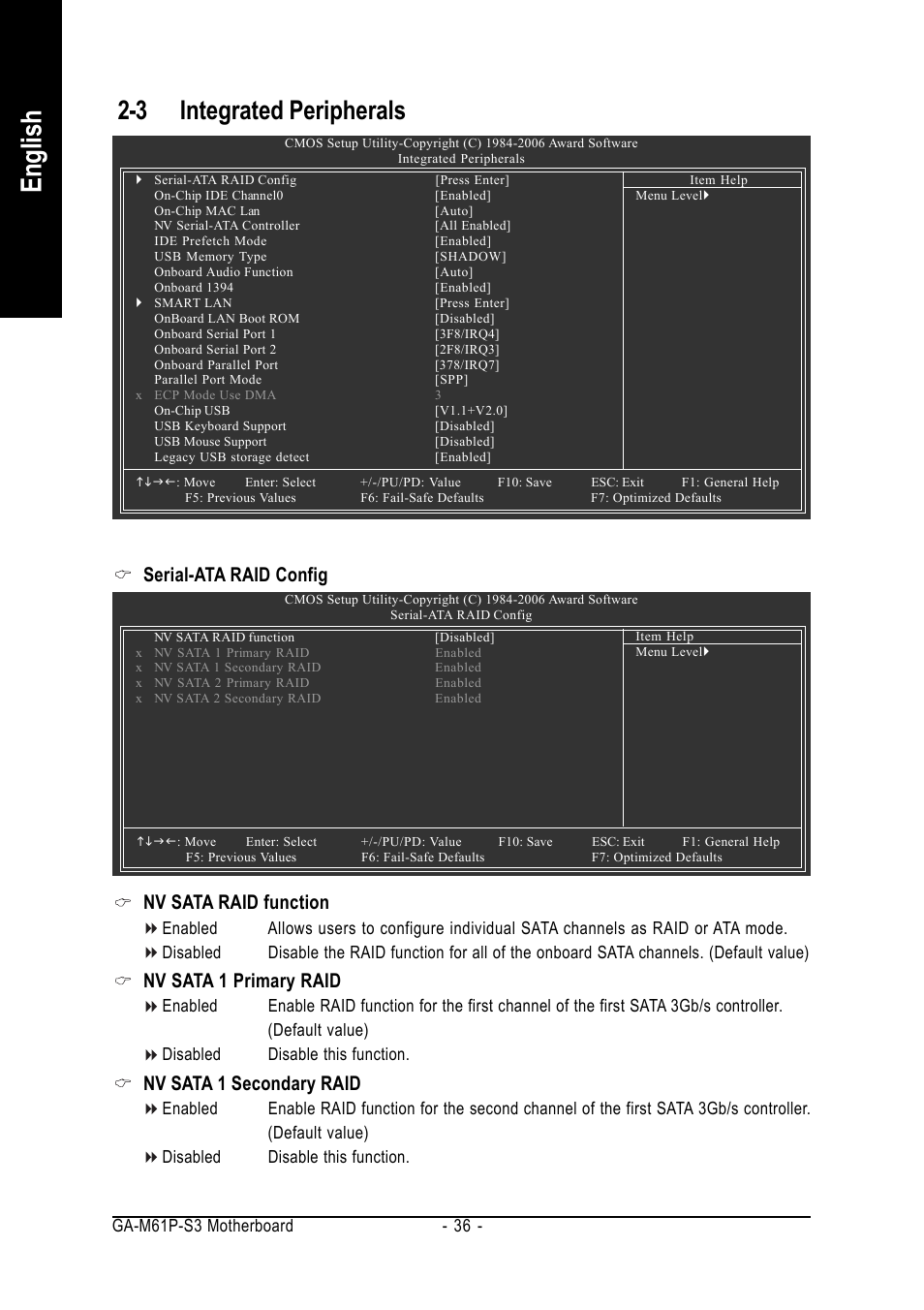 English, 3 integrated peripherals, Serial-ata raid config | Nv sata raid function, Nv sata 1 primary raid, Nv sata 1 secondary raid | AMD GA-M61P-S3 User Manual | Page 36 / 80