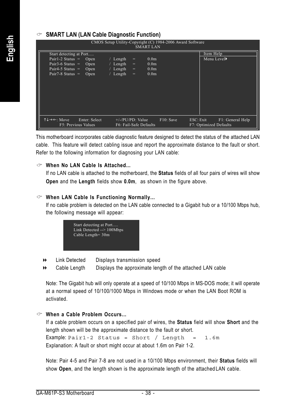 English, Smart lan (lan cable diagnostic function) | AMD GA-M61P-S3 User Manual | Page 38 / 80