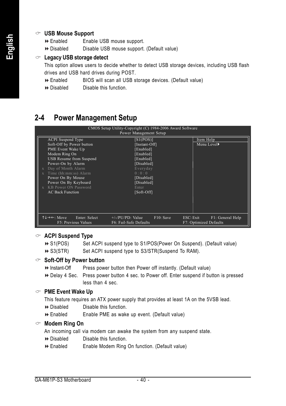 English, 4 power management setup, Usb mouse support | Legacy usb storage detect, Acpi suspend type, Soft-off by power button, Pme event wake up, Modem ring on | AMD GA-M61P-S3 User Manual | Page 40 / 80
