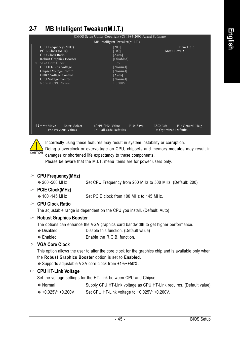 English, 7 mb intelligent tweaker(m.i.t.), Cpu frequency(mhz) | Pcie clock(mhz), Cpu clock ratio, Robust graphics booster, Vga core clock, Cpu ht-link voltage | AMD GA-M61P-S3 User Manual | Page 45 / 80