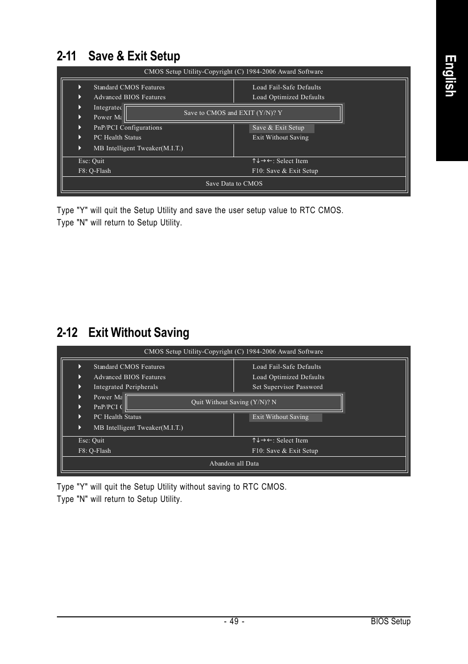 English, 11 save & exit setup, 12 exit without saving | Bios setup - 49 | AMD GA-M61P-S3 User Manual | Page 49 / 80