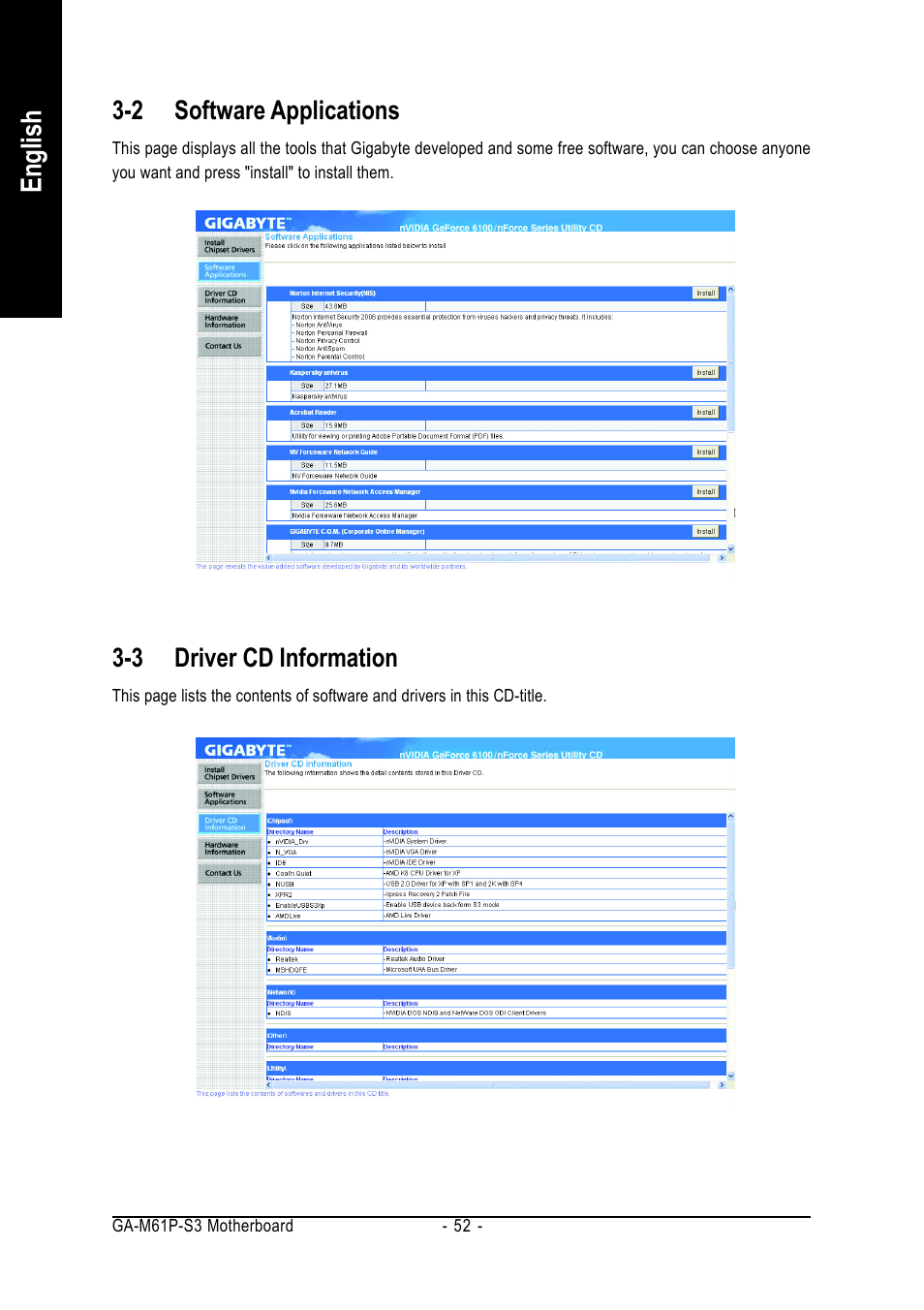 English, 2 software applications, 3 driver cd information | AMD GA-M61P-S3 User Manual | Page 52 / 80