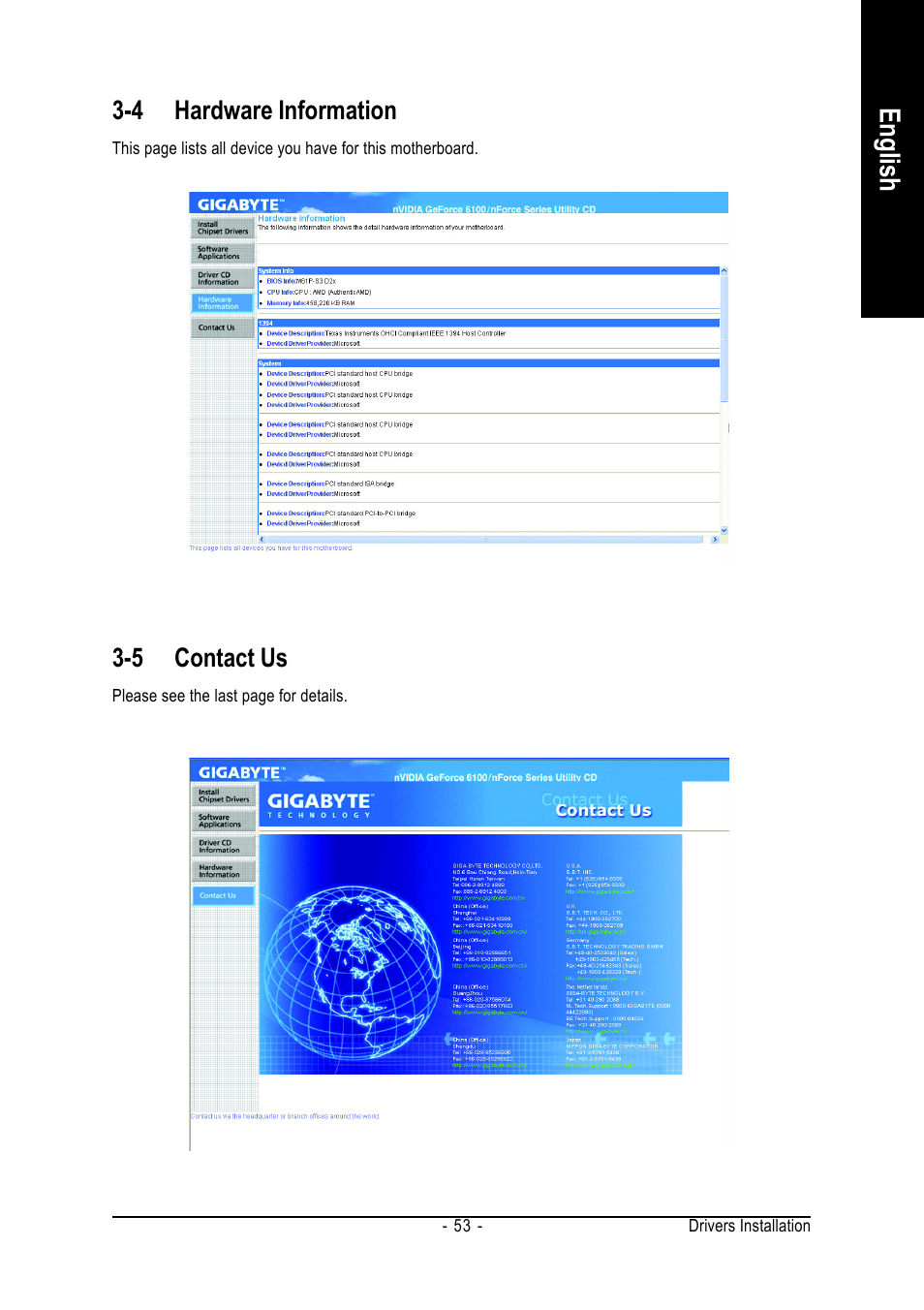 English, 4 hardware information, 5 contact us | AMD GA-M61P-S3 User Manual | Page 53 / 80