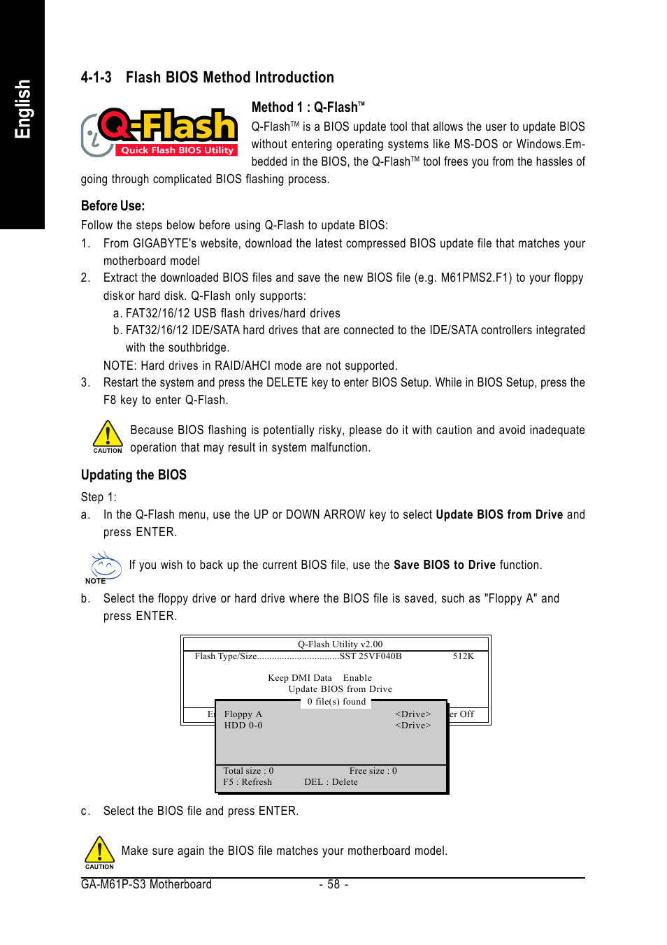 English, 1-3 flash bios method introduction, Before use | Updating the bios, Method 1 : q-flash | AMD GA-M61P-S3 User Manual | Page 58 / 80