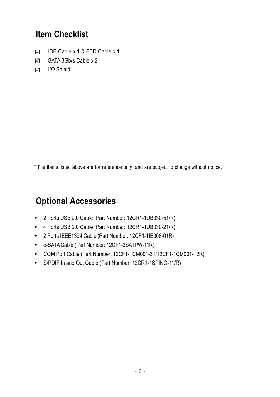 Item checklist, Optional accessories | AMD GA-M61P-S3 User Manual | Page 6 / 80