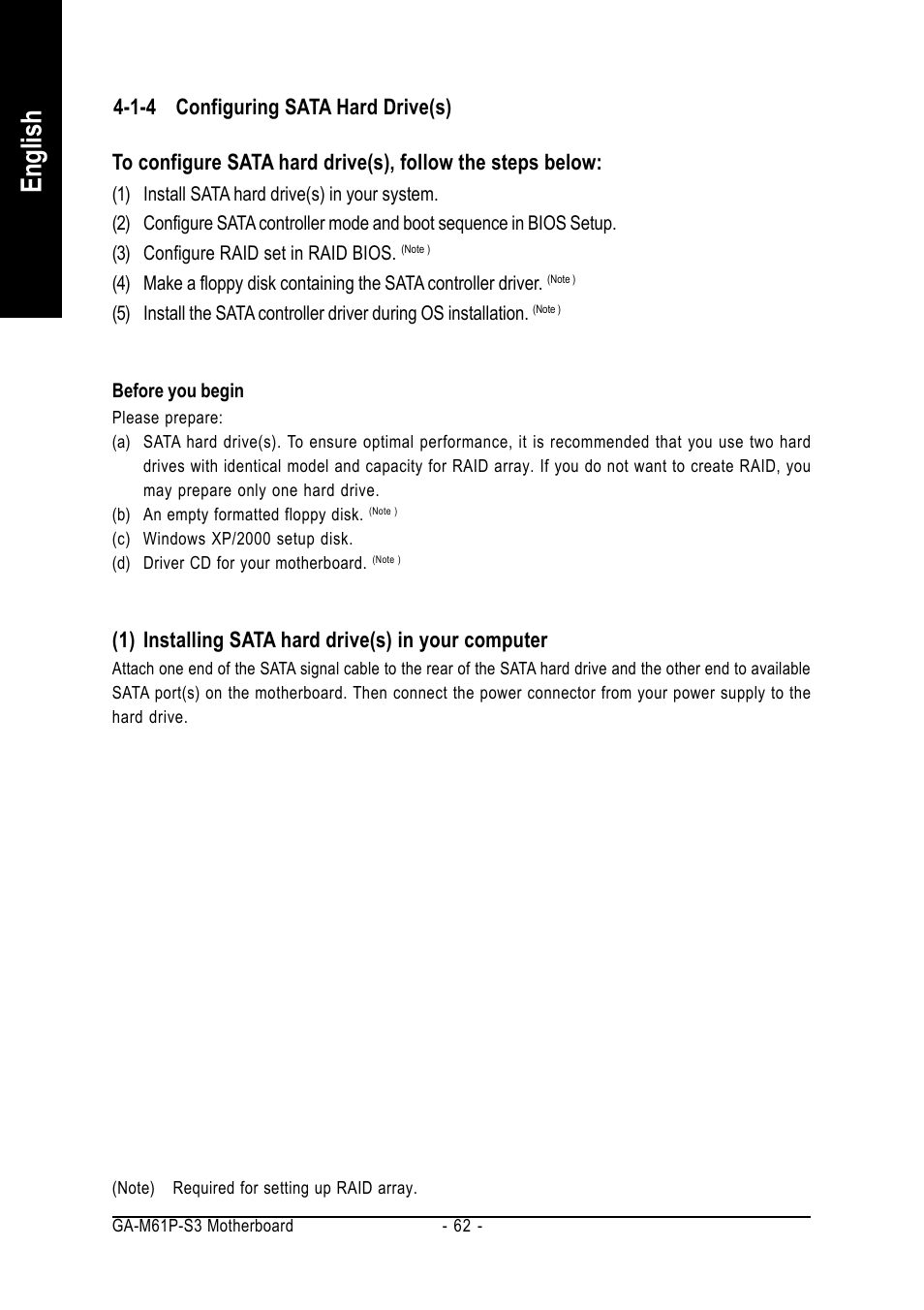 English, 1) installing sata hard drive(s) in your computer, 1-4 configuring sata hard drive(s) | AMD GA-M61P-S3 User Manual | Page 62 / 80