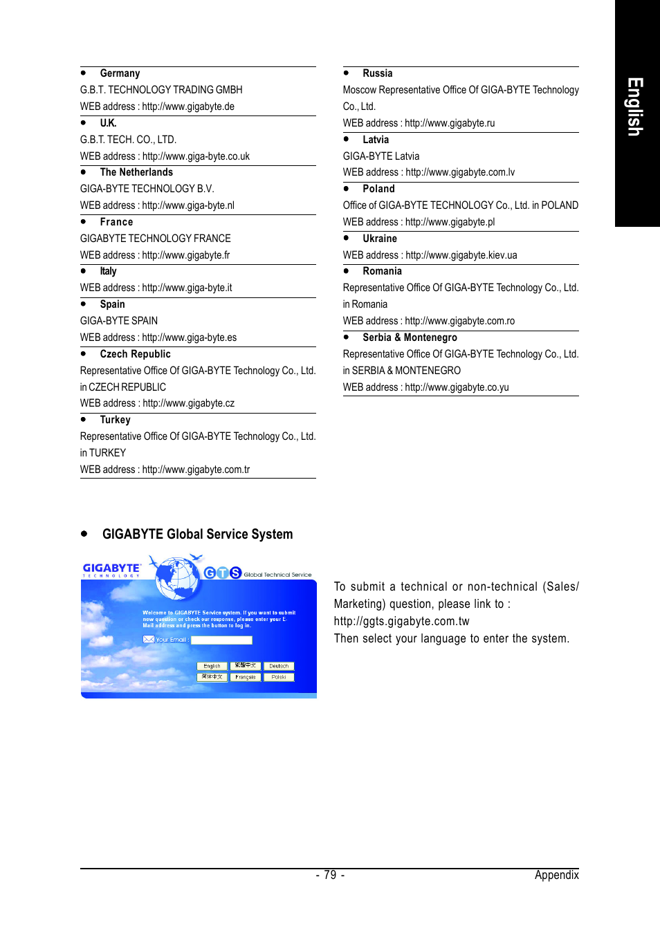 English, Yyy y y gigabyte global service system | AMD GA-M61P-S3 User Manual | Page 79 / 80