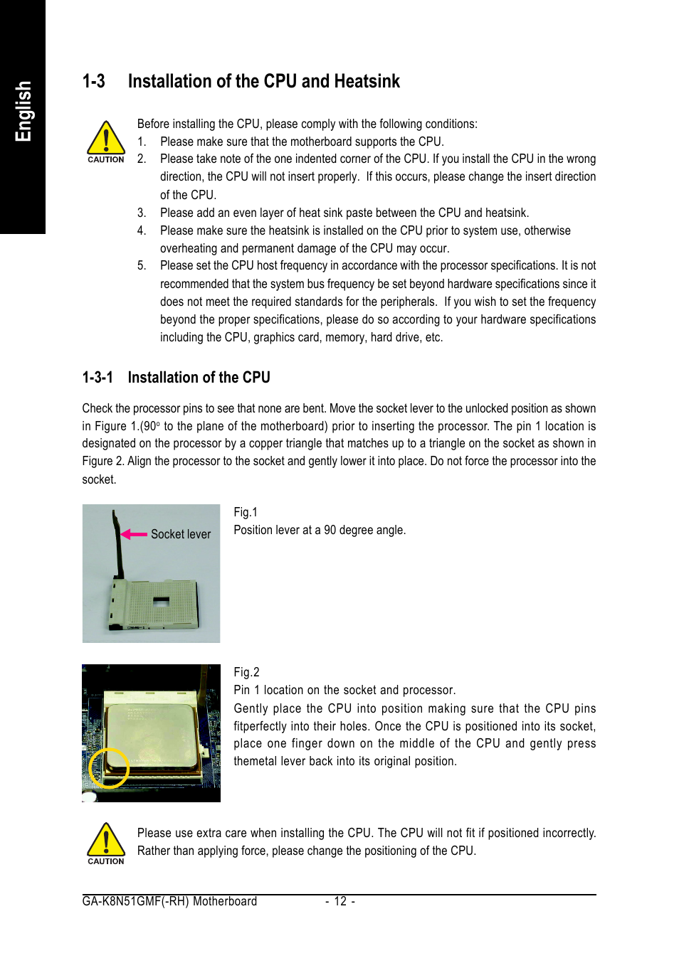 English, 3 installation of the cpu and heatsink | AMD GA-K8N51GMF User Manual | Page 12 / 88