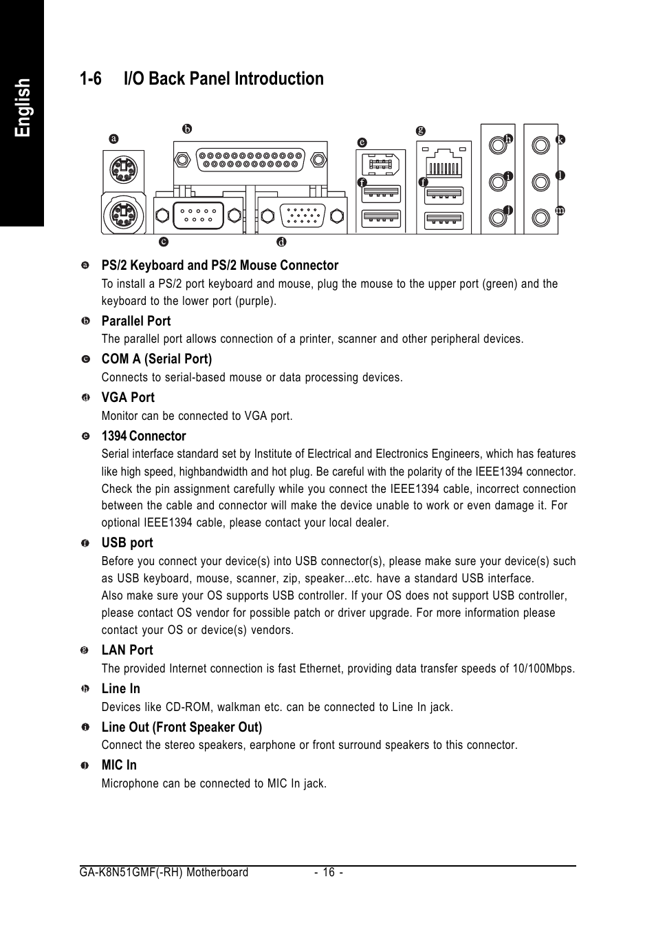 English, 6 i/o back panel introduction | AMD GA-K8N51GMF User Manual | Page 16 / 88