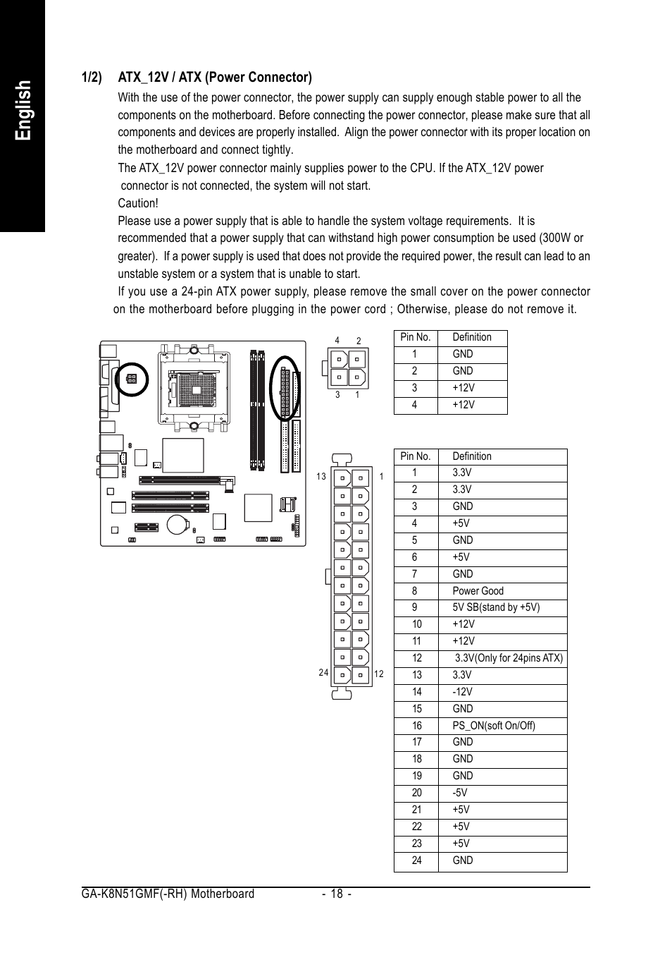 English, 1/2) atx_12v / atx (power connector) | AMD GA-K8N51GMF User Manual | Page 18 / 88