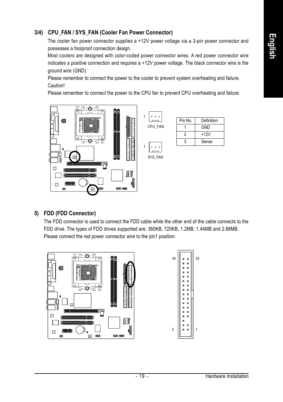 English, 5) fdd (fdd connector) | AMD GA-K8N51GMF User Manual | Page 19 / 88