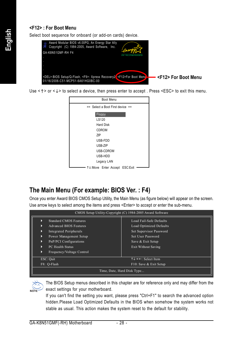 English, The main menu (for example: bios ver. : f4), F12> for boot menu | F12> : for boot menu | AMD GA-K8N51GMF User Manual | Page 28 / 88