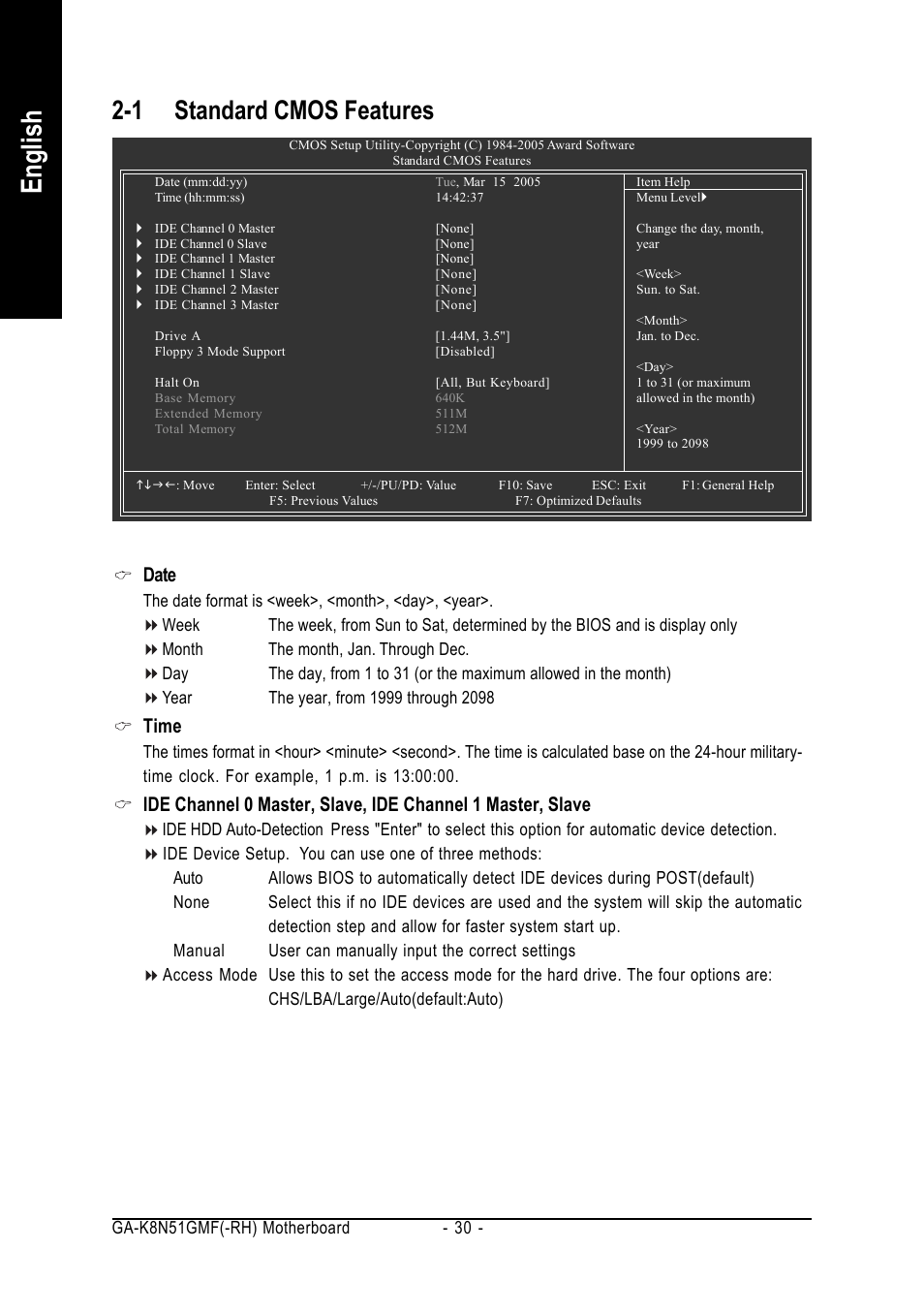 English, 1 standard cmos features, Date | Time | AMD GA-K8N51GMF User Manual | Page 30 / 88