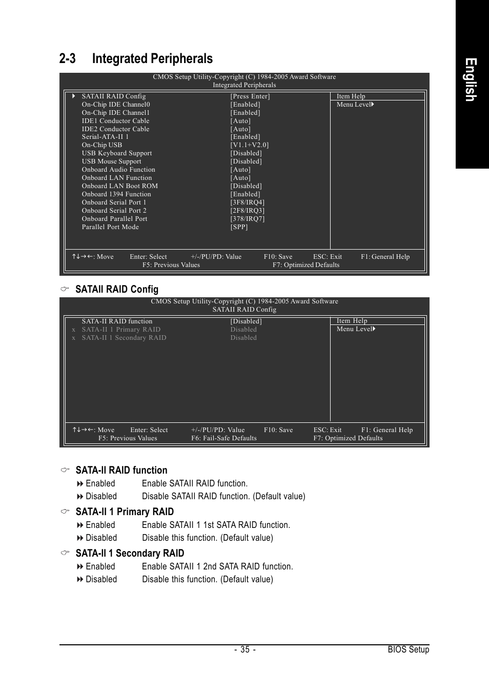 English, 3 integrated peripherals, Sataii raid config | Sata-ii raid function, Sata-ii 1 primary raid, Sata-ii 1 secondary raid | AMD GA-K8N51GMF User Manual | Page 35 / 88