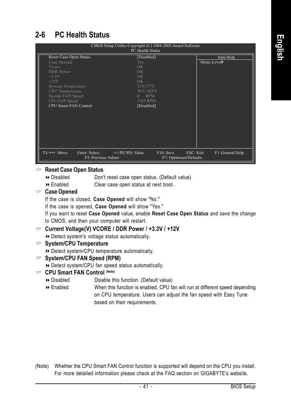 English, 6 pc health status, Reset case open status | Case opened, System/cpu temperature, System/cpu fan speed (rpm), Cpu smart fan control | AMD GA-K8N51GMF User Manual | Page 41 / 88