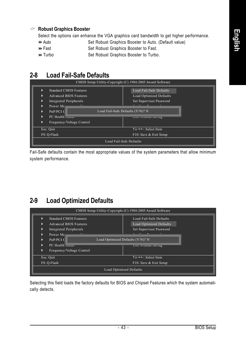 English, 8 load fail-safe defaults, 9 load optimized defaults | Robust graphics booster | AMD GA-K8N51GMF User Manual | Page 43 / 88