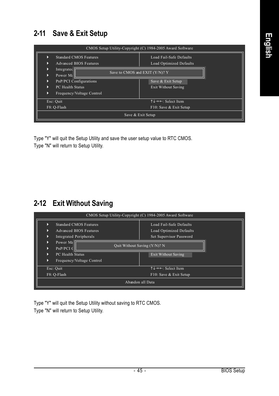 English, 11 save & exit setup, 12 exit without saving | Bios setup - 45 | AMD GA-K8N51GMF User Manual | Page 45 / 88