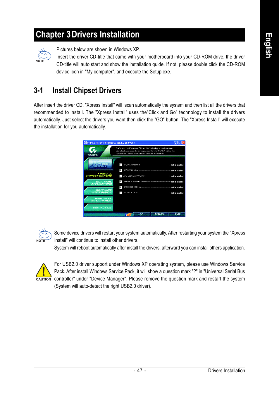 Chapter 3drivers installation, English, 1 install chipset drivers | AMD GA-K8N51GMF User Manual | Page 47 / 88