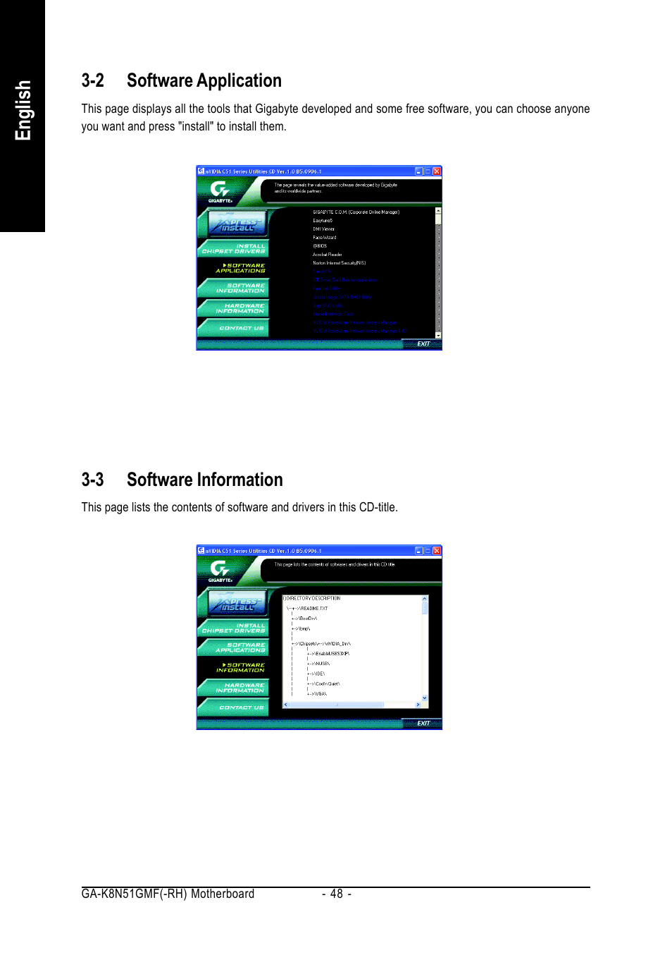 English, 2 software application, 3 software information | AMD GA-K8N51GMF User Manual | Page 48 / 88