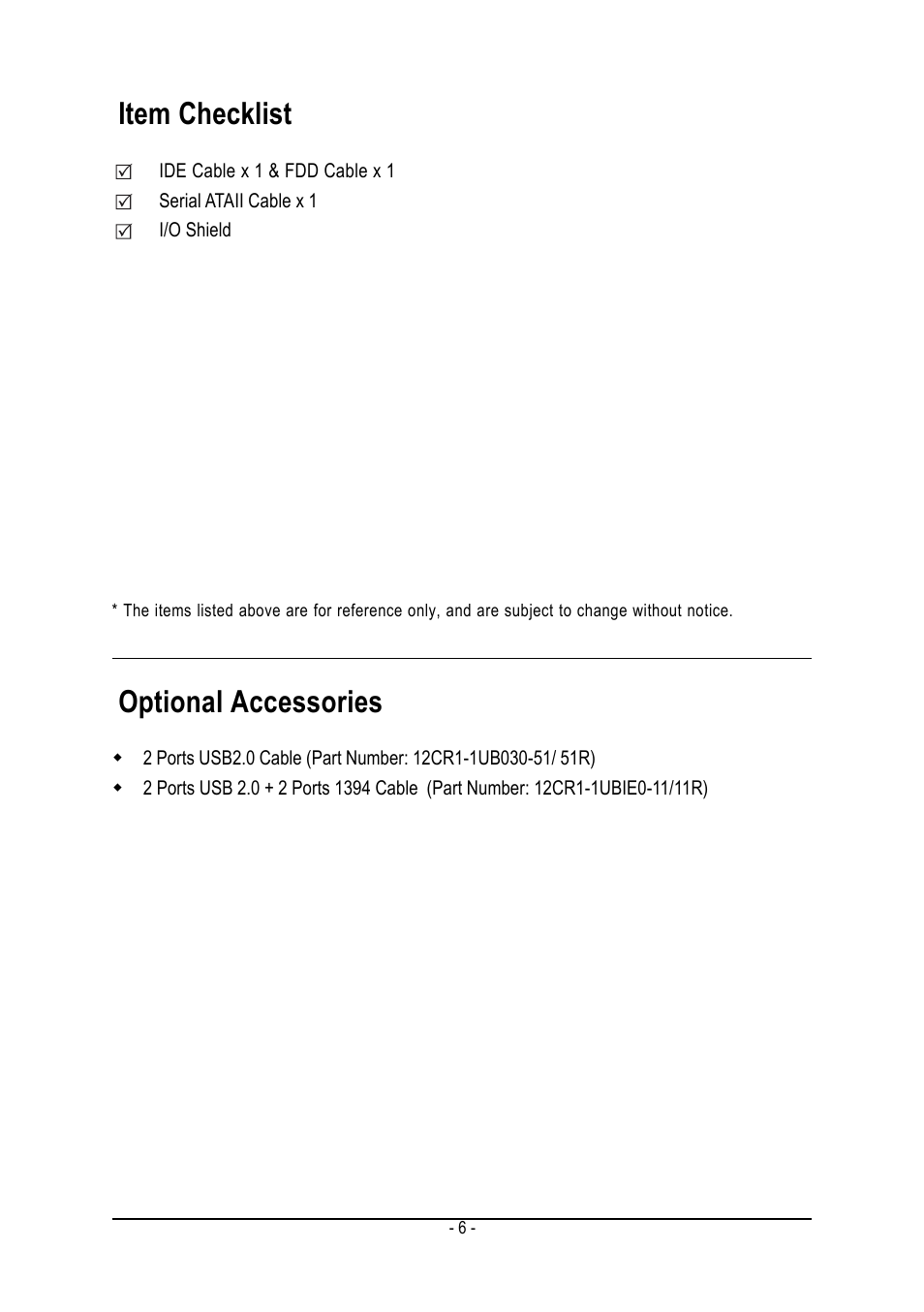 Item checklist, Optional accessories | AMD GA-K8N51GMF User Manual | Page 6 / 88