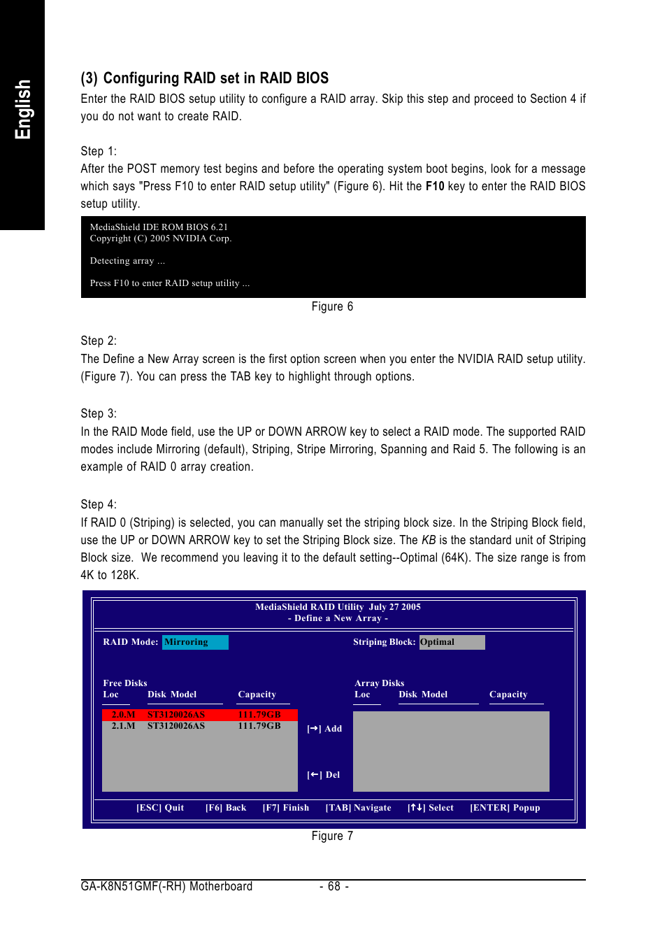 English, 3) configuring raid set in raid bios | AMD GA-K8N51GMF User Manual | Page 68 / 88