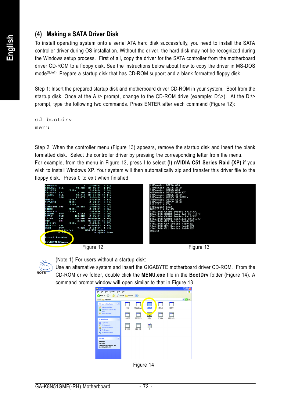 English, 4) making a sata driver disk | AMD GA-K8N51GMF User Manual | Page 72 / 88