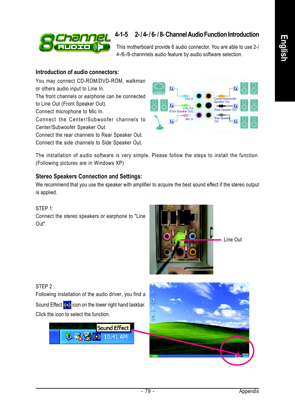 English, Stereo speakers connection and settings, Introduction of audio connectors | AMD GA-K8N51GMF User Manual | Page 79 / 88