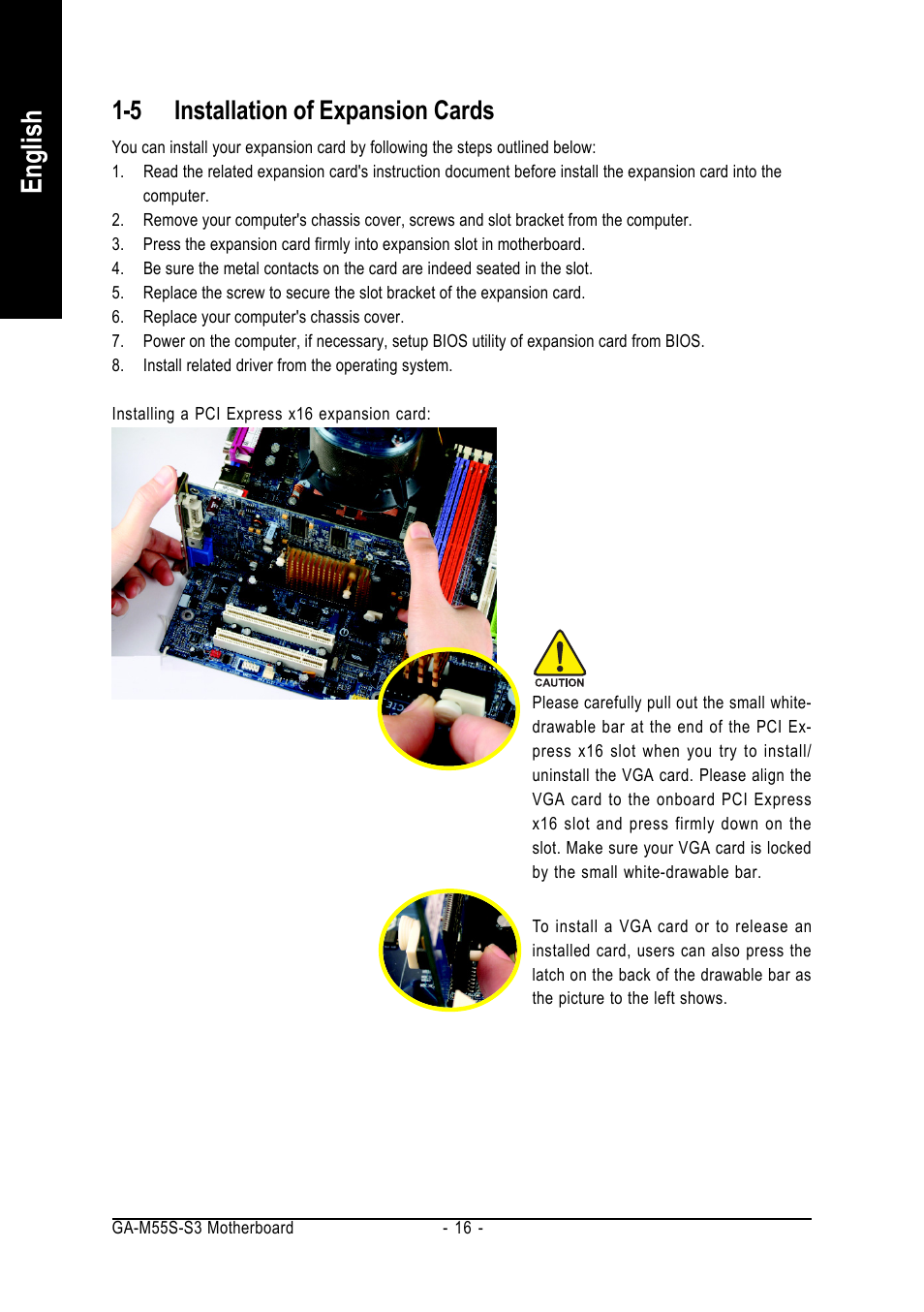 English, 5 installation of expansion cards | AMD GA-M55S-S3 User Manual | Page 16 / 88