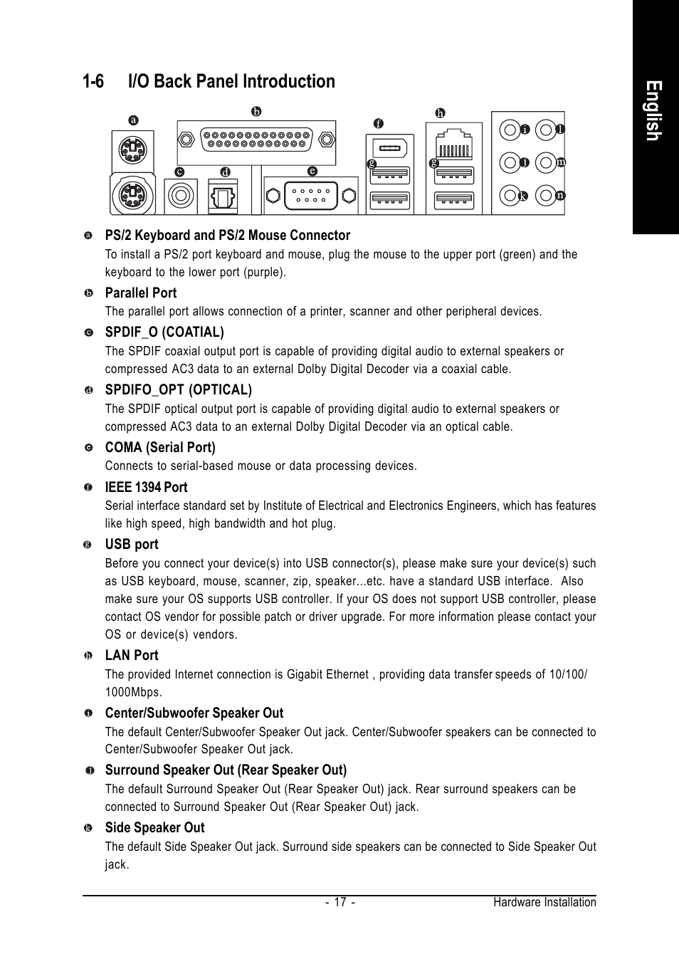 English, 6 i/o back panel introduction | AMD GA-M55S-S3 User Manual | Page 17 / 88