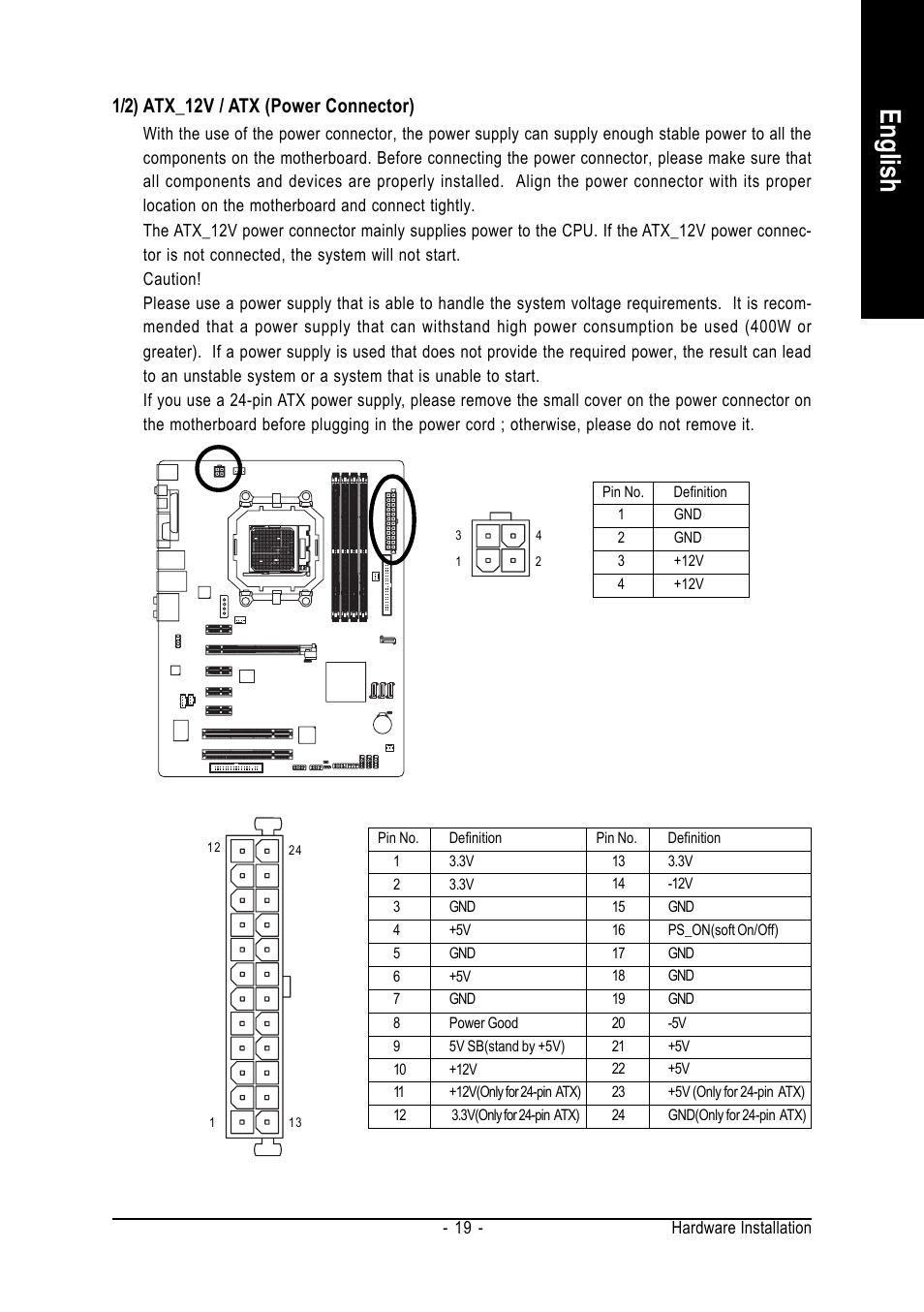 English, 1/2) atx_12v / atx (power connector) | AMD GA-M55S-S3 User Manual | Page 19 / 88