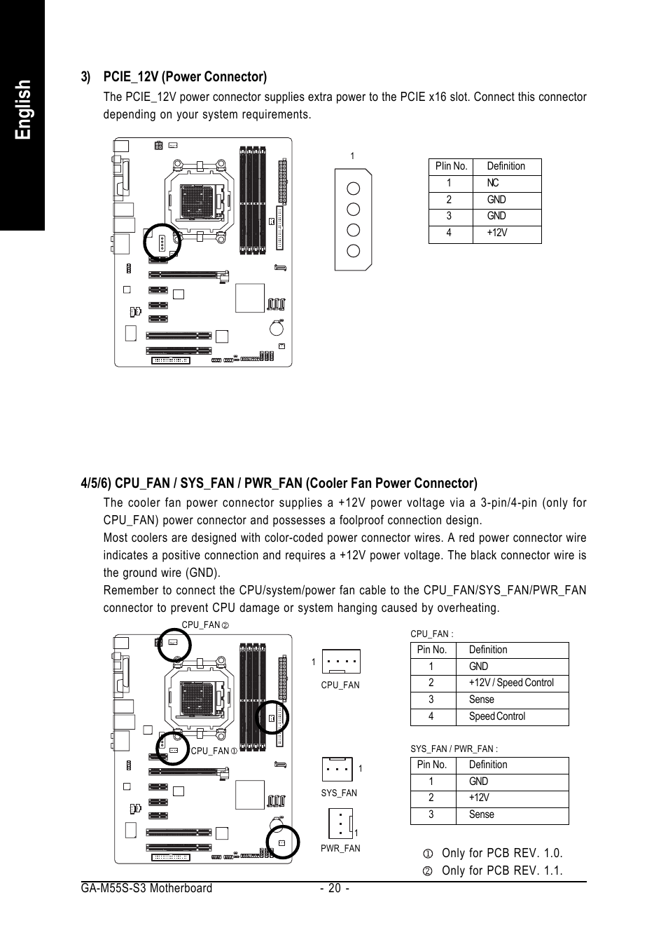 English, 3) pcie_12v (power connector) | AMD GA-M55S-S3 User Manual | Page 20 / 88