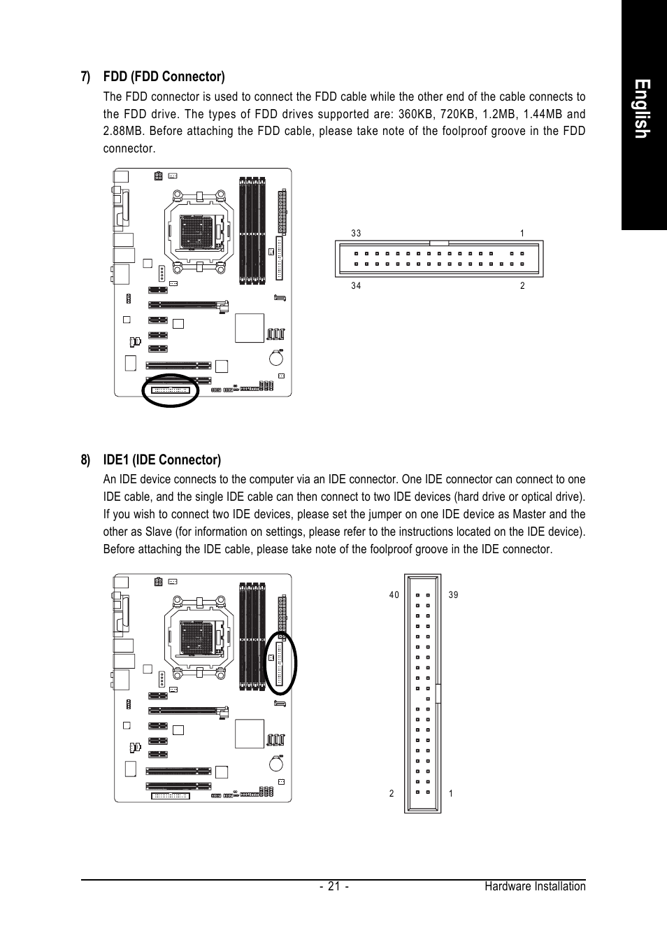 English, 7) fdd (fdd connector), 8) ide1 (ide connector) | AMD GA-M55S-S3 User Manual | Page 21 / 88