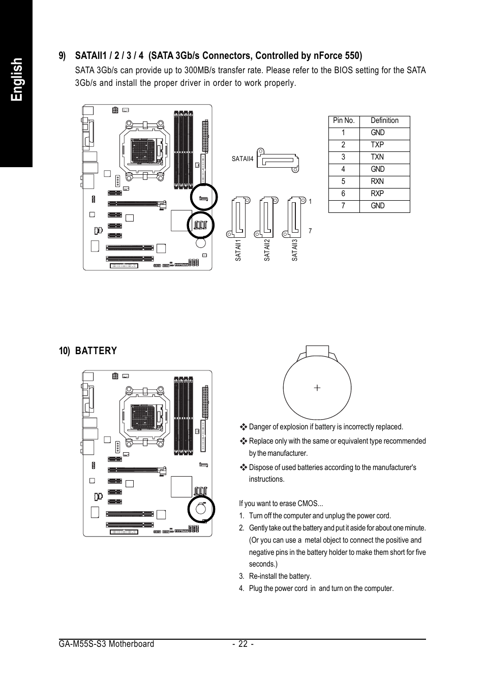 English, 10) battery | AMD GA-M55S-S3 User Manual | Page 22 / 88