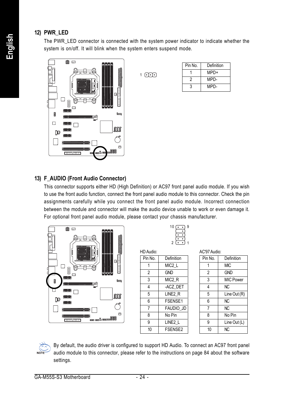 English, 12) pwr_led, 13) f_audio (front audio connector) | AMD GA-M55S-S3 User Manual | Page 24 / 88